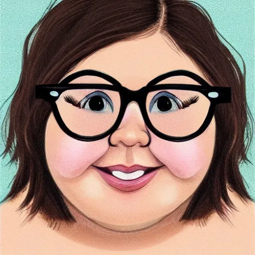 Prompt: chubby brunette woman with messy hair in a short bob, big forehead, round face, big cheeks, large glasses, romanian heritage, brown almond-shaped eyes, smile, olive skin, round nose, protruding chin, wide face, thin lips, wide mouth, no bangs, digital art, painterly, cartoon, cute, 8k, illustration, art by loish, painterly, trending on artstation, medium shot, uncropped