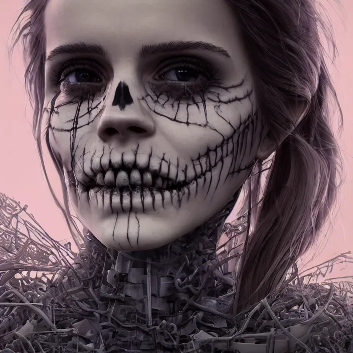 Image similar to portrait of emma watson as a skeleton. intricate abstract. intricate artwork. nightmare fuel. by Tooth Wu, wlop, beeple, dan mumford. octane render, trending on artstation, greg rutkowski very coherent symmetrical artwork. cinematic, hyper realism, high detail, octane render, 8k, iridescent accents