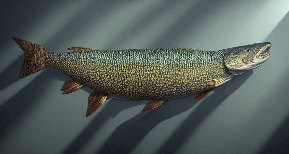 Image similar to a beautiful painting of a northern pike, octane render, intricate, ultra wide angle, trending on artstation, daylight, volumetric lighting, ray lighting from top of frame, crepuscular ray lighting from above, dynamic lighting, muted colors, polished, micro details, ray tracing, 8 k