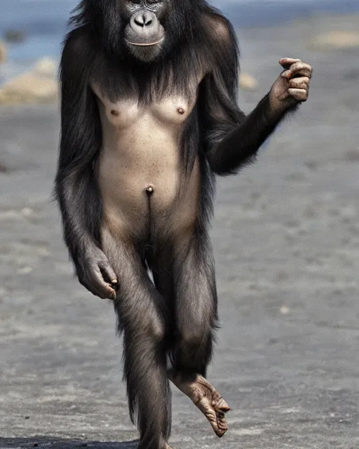 Prompt: a beautiful Ape girl, with long hair and a chimpanzee face, walks a long a beach far in Earth’s future. Her body is covered in fur and she is wearing clothes.