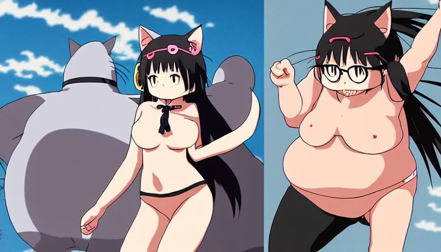 Image similar to fat otaku vs catgirl, comedy comic panels, graphic art, rgba, 8 k hd resolution, pinterest, dynamic character, 8 k character details, concept art, 8 k ultra realistic, intricate details, ultra detailed, reduce character duplication, in style of hayao miyazaki, by studio ghibli