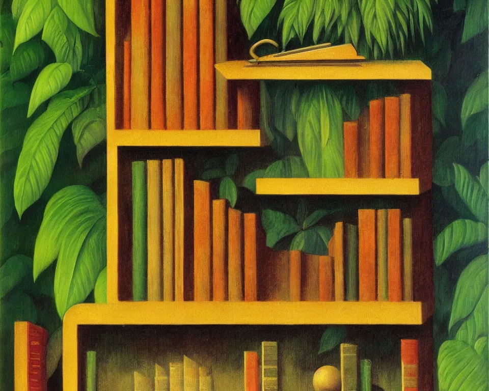 Prompt: one small bookshelf in the rainforest, featuring gavels, by raphael, hopper, and rene magritte. hyperdetailed, proportional, romantic, enchanting, achingly beautiful, graphic print, trending on artstation, jungle, tropical, foliage