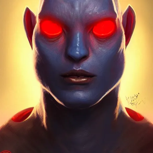 Image similar to Portrait of a tall blue alien, hairless, red glowing eyes, wearing a smooth and intricate biosuit, cinematic lighting, highly detailed, digital painting, artstation, concept art, smooth, sharp focus, illustration, art by Artgerm and Greg Rutkowski, Cgsociety