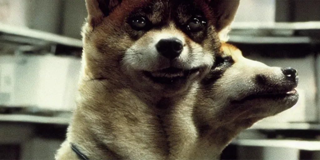 Image similar to a screenshot of the alien movie in 1 9 7 9 but the alien is a shiba inu dog