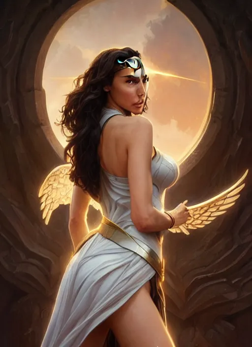 Image similar to gal gadot as an angel, deep focus, d & d, fantasy, intricate, elegant, highly detailed, digital painting, artstation, concept art, matte, sharp focus, illustration, hearthstone, art by artgerm and greg rutkowski and alphonse mucha
