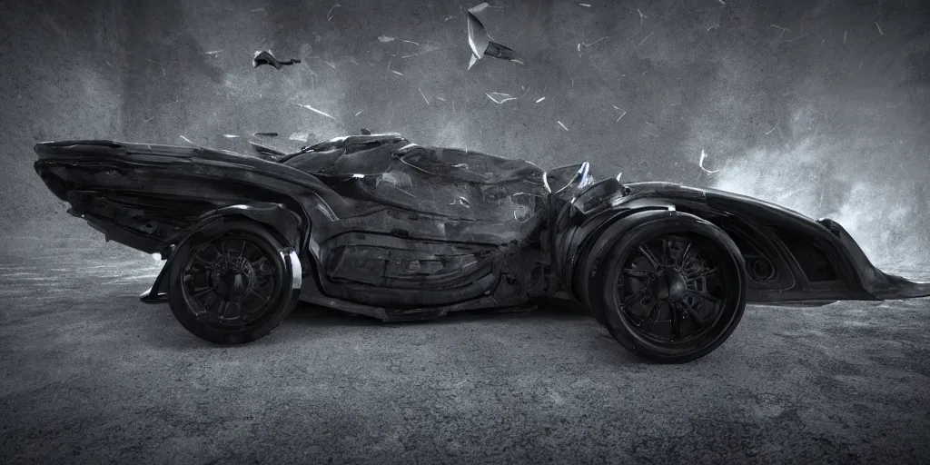 Image similar to the batmobile trapped in the flow of time. photorealistic. octane render. 8 k. monochrome. cinematic.