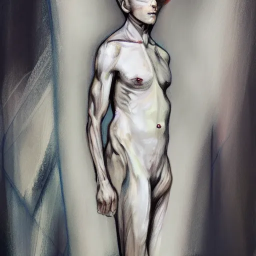 Prompt: androgynous human in a white liminal space, long shot photography, hyperrealistic concept art illustration, smeared acrylic paint