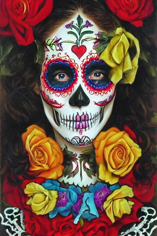 Image similar to illustration of a sugar skull day of the dead girl, art by art frahm