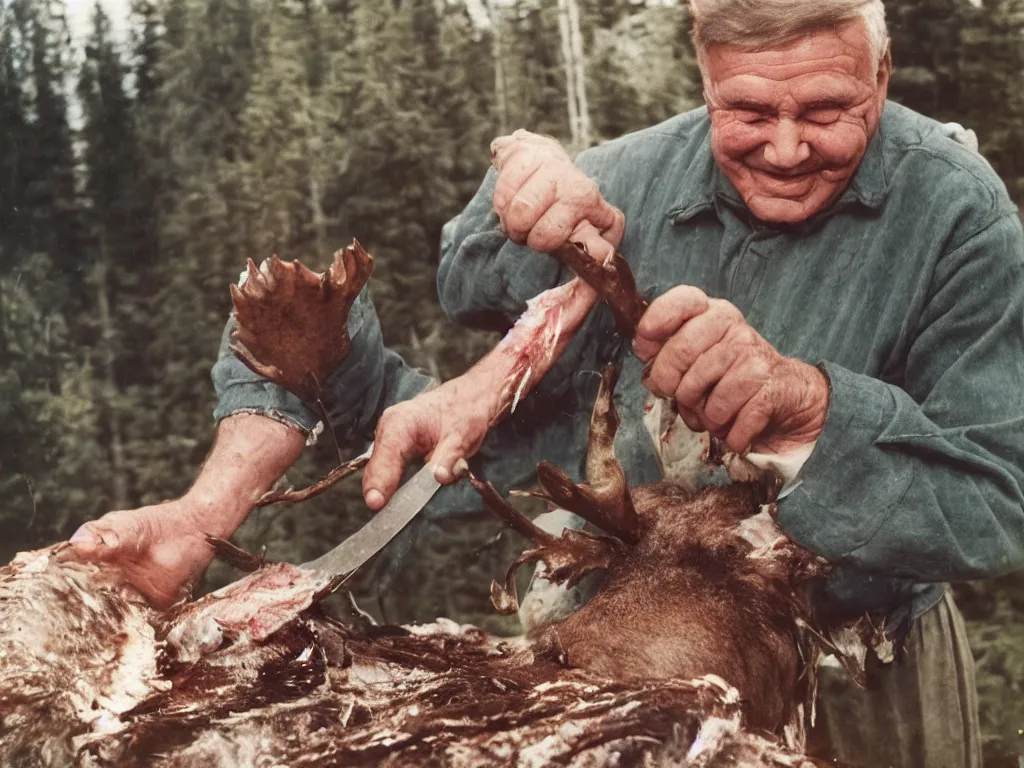 Image similar to happy finnish grandpa gutting a freshly killed moose and smiling to the camera, 1 9 6 6, home album pocket camera photo, detailed facial features, hyper realistic