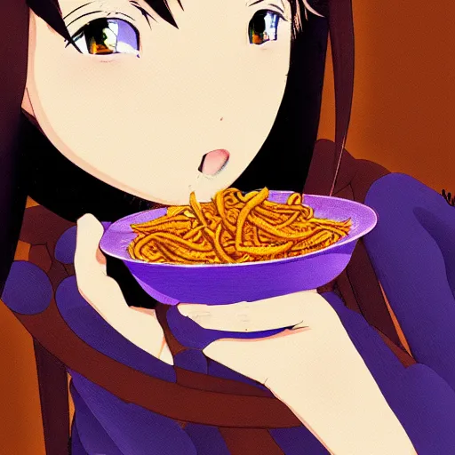 Image similar to a beautiful anime woman eating a bowl of worms, digital art, ghibli, night