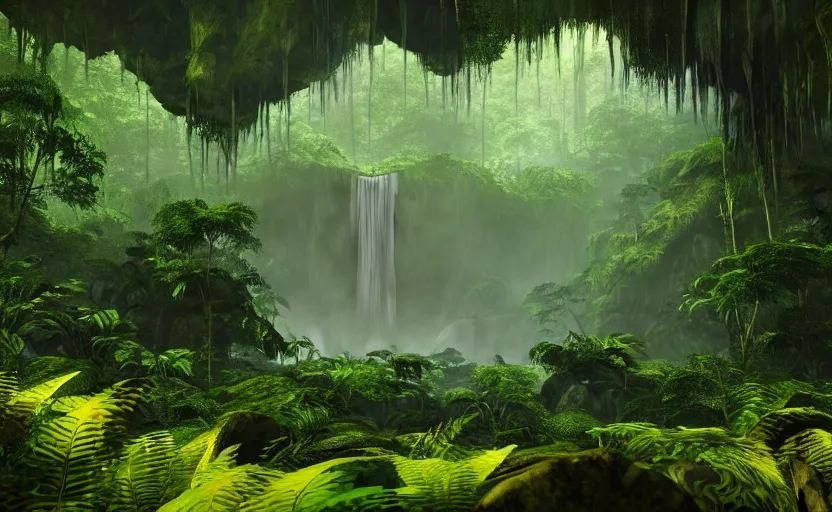 Image similar to a beautiful render of a dark prehistoric rainforest, lush flora, patches of yellow sky, dark green leaves, dark shadows, mountains and a waterfall in the background, intricate detail, hazy, humid, volumetric lighting, 8 k, photorealistic, raytracing effects, unreal engine 5