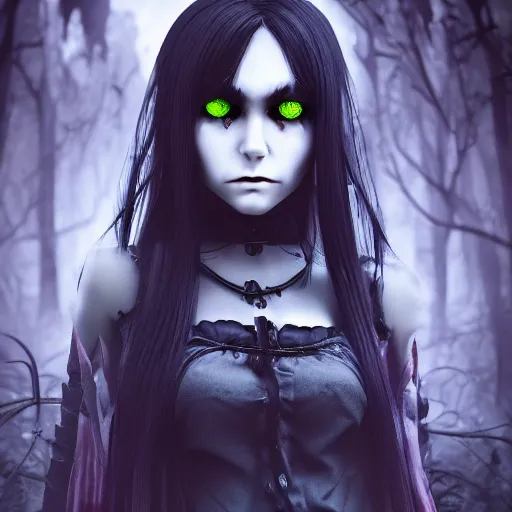 Prompt: full shot portrait of angry darkness vampire anime girl, gothic clothing, worrying eyes, inspired by Tim Burton, detailed, unreal engine 4k volumetric light, fog,