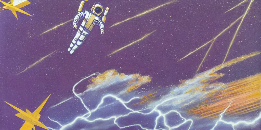 Image similar to textured art deco painting of astronaut, flying from bottom left to top right, muted, geometric, gold and deep purple background with lightning bolt