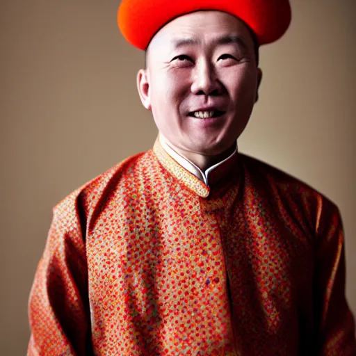 Image similar to realistic photography by araki nobuyoshi of wearing traditional ukrainian shirt designed by taras shevchenko. smiling kim chen in