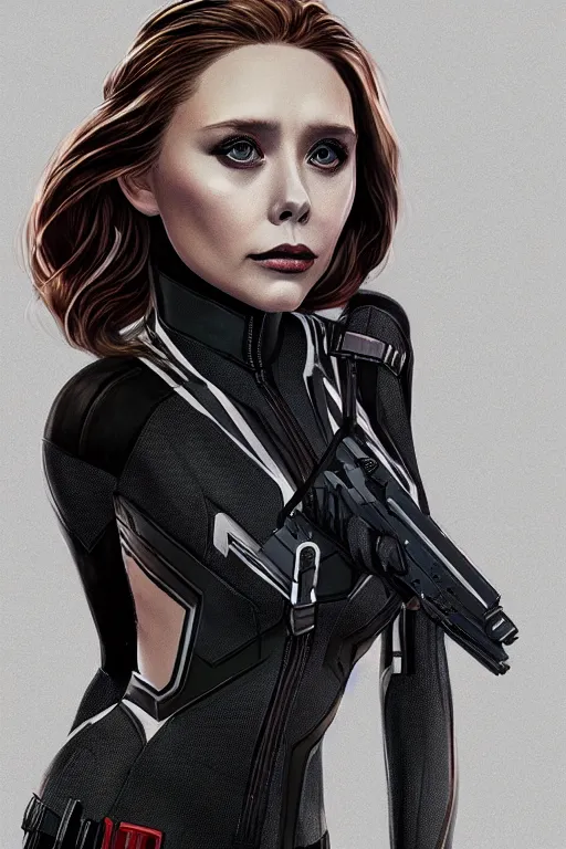 Image similar to Full body camera shot of very beautiful, elizabeth olsen as black widow, full of details, digital illustration, concept art, smooth, by Ina Wong and wlop ，trending on cgsociety and artstation，8kHDR，light effect