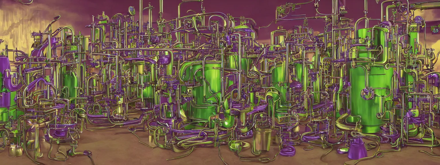 Image similar to machine apparatus for making snake oil, huge copper machine fed by a hopper of snakes, purple and green pipework, art by ed roth and kenny scharf, barrels of snake oil in a hermetically sealed production line, golden hour lighting, film still from the uncle aloysius family medicine depot movie 3 d, 8 k