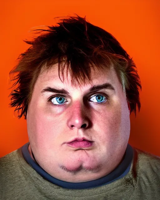 Image similar to prison mugshot of real - life eric cartman, bright flash, orange prison shirt, low saturation, somber expression, filthy hair, rugged textured face, soft vignette, soft focus, 5 0 mm, 4 k, nypd