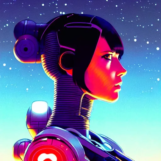 Image similar to side portrait scifi cyborg girl with robotic parts and spacesuit | | head only in center of image, audrey plaza, fine detail!! anime!! realistic shaded lighting!! poster by ilya kuvshinov katsuhiro otomo ghost - in - the - shell, magali villeneuve, artgerm, jeremy lipkin and michael garmash and rob rey