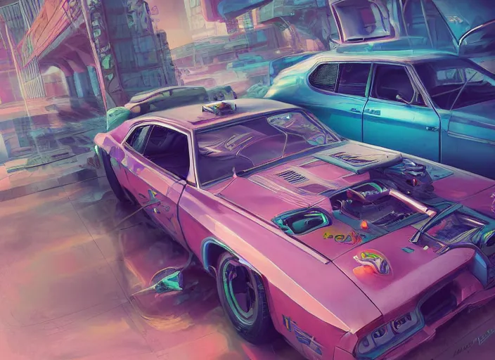 Prompt: detailed concept art illustration colorful pastel painting of a retro cyberpunk muscle car in full intricate detail, ultra detailed, digital art, octane render, 4K, dystopian, micro details