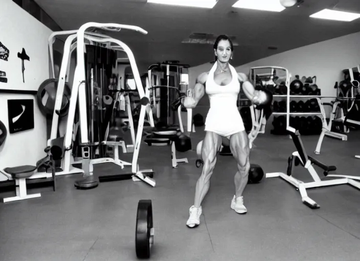 Image similar to Photos from the 80's. A muscular woman is working out in the gym.