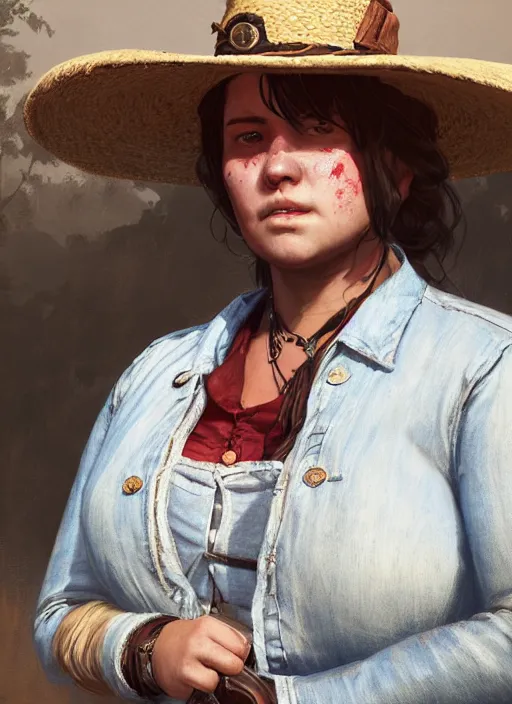 Prompt: highly detailed portrait of chubby woman wearing a white wide brim straw hat and a denim jacket, determined. red dead redemption art, unreal engine, fantasy art by greg rutkowski