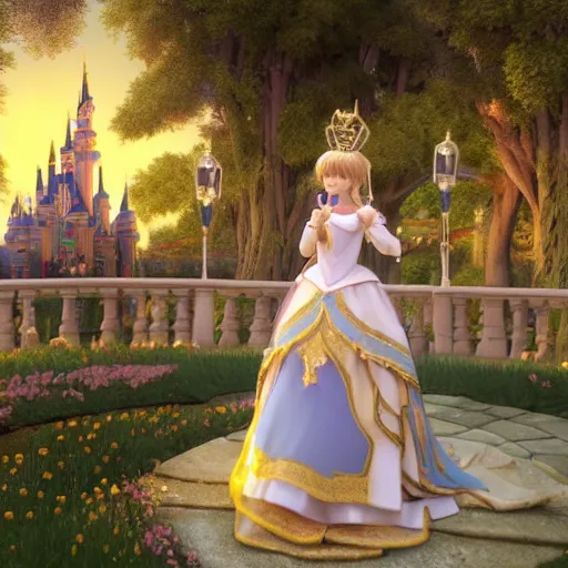 Image similar to a very detailed, ultra-realistic, pleasant, beautiful, funny, smooth 3D CG render, semirealistic anime style, close-up of a gorgeous, cute, gentle, noble priestess magician princess girl wearing dress and jewelry, in a glorious magic kingdom with castle and walls, relaxing calm vibes, fairytale, octane render