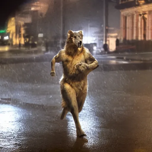 Image similar to an anthropomorphic male wolf running in the streets, night, rain, cinematic, photograph, volumetric lighting, f 8 aperture, cinematic eastman 5 3 8 4 film, photorealistic