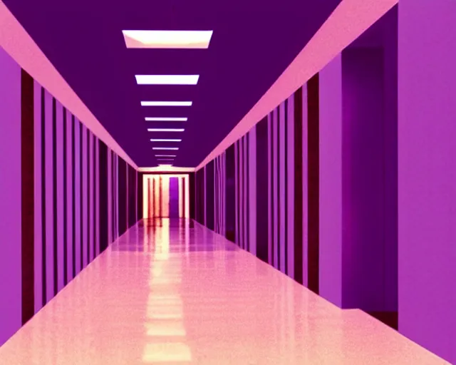 Image similar to a long hallway with a purple wall and some stairs, a hologram by michelangelo, cg society, harlem renaissance, y 2 k aesthetic, vaporwave, 1 9 9 0 s