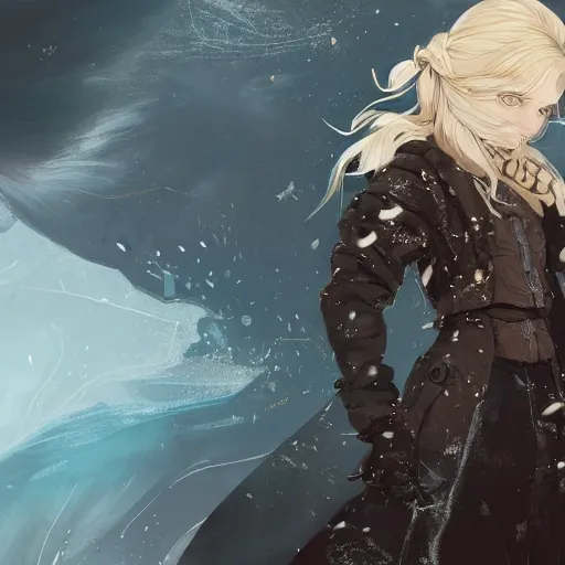 Prompt: highly detailed portrait of a young frostpunk lady with wavy blonde hair, by Dustin Nguyen, Akihiko Yoshida, Greg Tocchini, Greg Rutkowski, Cliff Chiang, 4k resolution, nier:automata inspired, bravely default inspired, vibrant but dreary blue, brown, black and white color scheme!!! ((Ice cavern background))