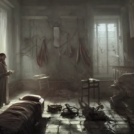 Image similar to depressing soviet hospital ward, demonic doctors, dying patients, blood on the floor, highly detailed, digital painting, artstation, concept art, octane render, unreal engine, art by aenaluck and roberto ferri and greg rutkowski, epic fantasy, digital painting