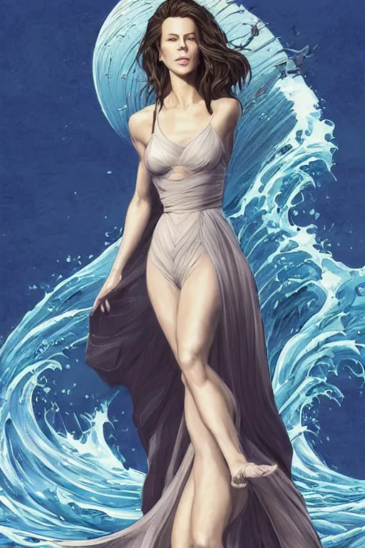 Image similar to kate beckinsdale as a heroine with a dress inspired by the great wave off kanagawa, digital painting, artstation, concept art, smooth, sharp focus, illustration, art by artgerm and donato giancola and Joseph Christian Leyendecker, Ross Tran, WLOP