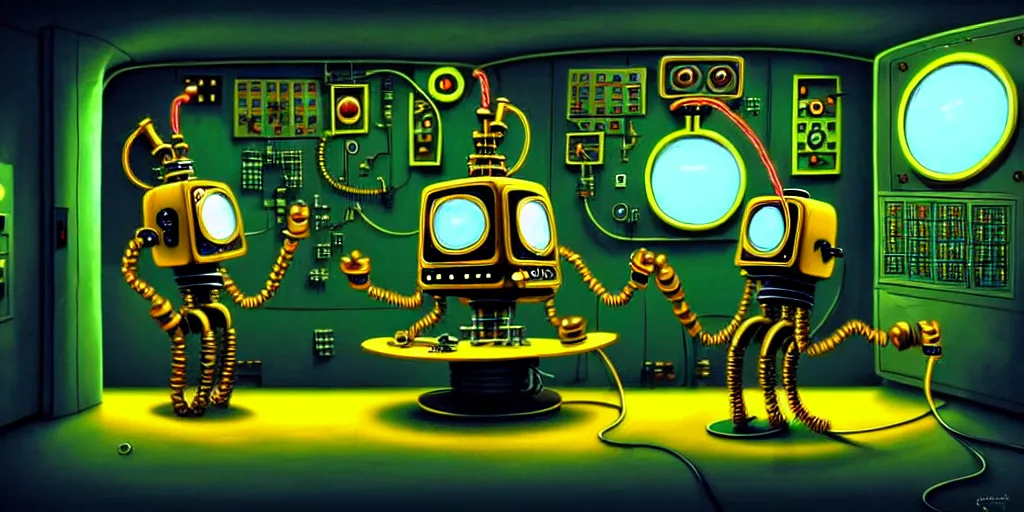 Image similar to steampunk robot happy Funny cartoonish with neon cables at a nuclear control room, by Gediminas Pranckevicius and Felix-Kelly H 704