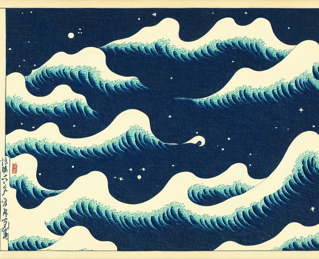 Image similar to dream waves on the starfields by katsushika hokusai and ben wanat ; setting is the halls of space and place that has no beginning and no end