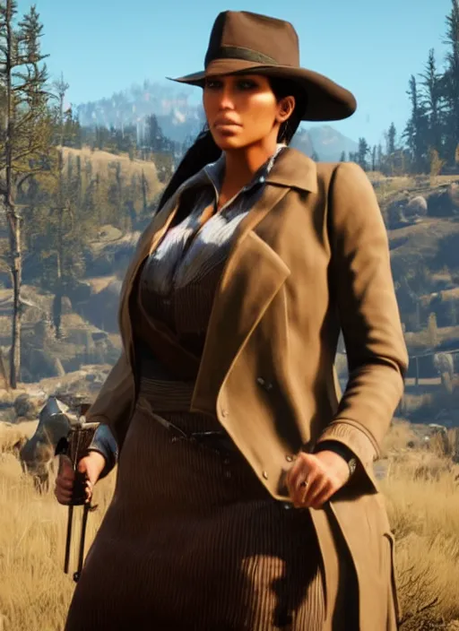 Prompt: film still of kim kardashian as Arthur Morgan in rdr2.