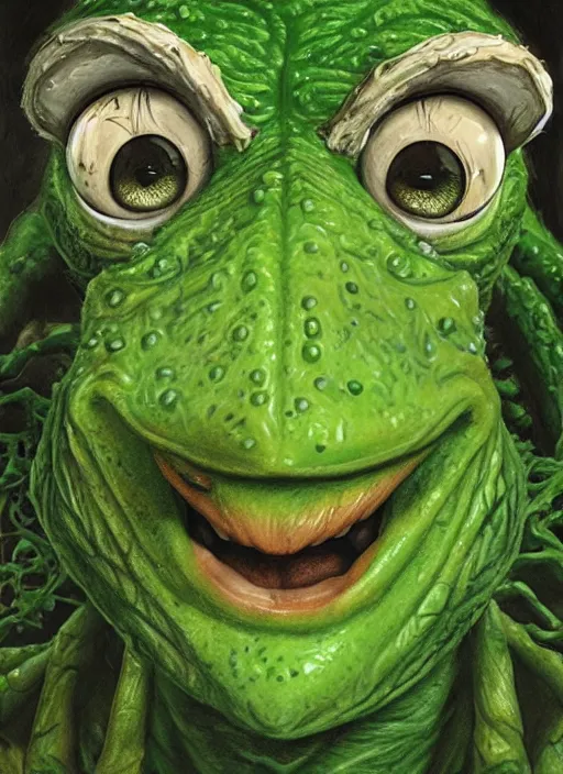 Image similar to portrait of Kermit the frog in Evil Dead (2013), highly detailed, centered, solid color background, digital painting, artstation, concept art, smooth, sharp focus, illustration, artgerm, donato giancola, Joseph Christian Leyendecker, Les Edwards, Ed Repka, WLOP