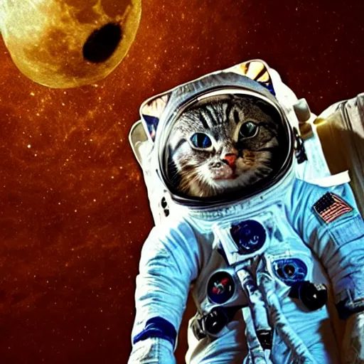 Image similar to a cat astronaut : 1 0 0 in space looking at the moon : 5 0