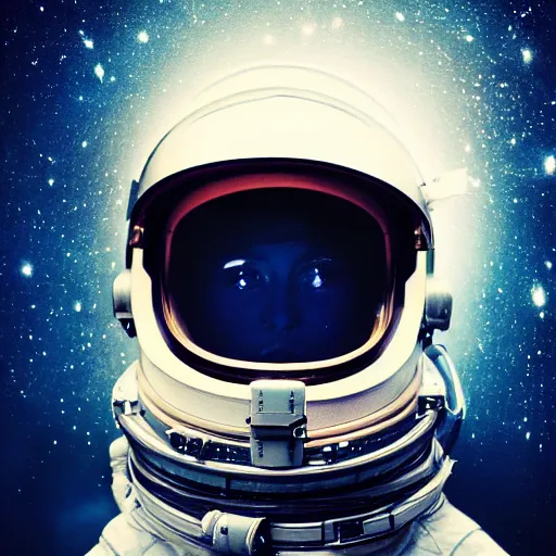 Prompt: close - up photograph portrait of an astronaut, helmet is reflecting a nebula, whimsical, cinematic, dramatic, enhanced colors, studio lighting, high quality, hd, 8 k
