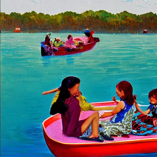 Image similar to The installation art depicts a group of well-dressed women and children enjoying a leisurely boat ride on a calm day. The women are chatting and laughing while the children play with a toy boat in the foreground. hunter green, cardinal by Moebius angular