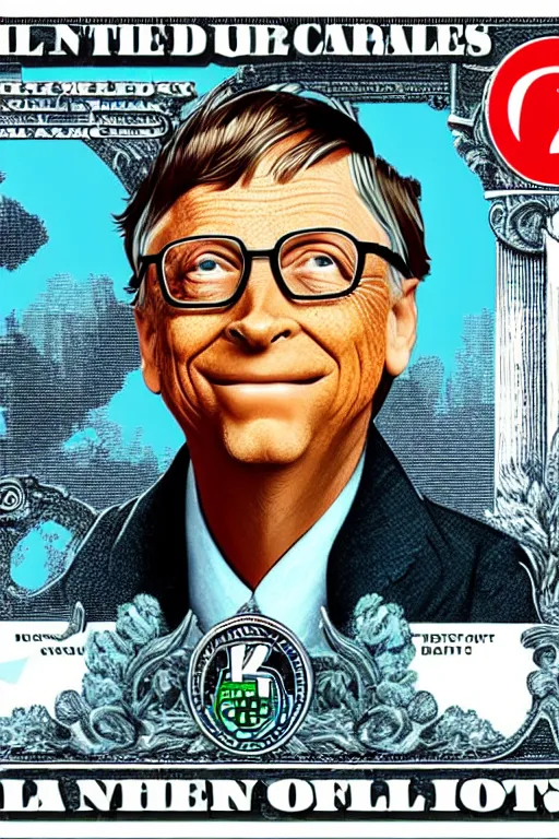 Image similar to bill gates as a garbage pail kid dollar bill