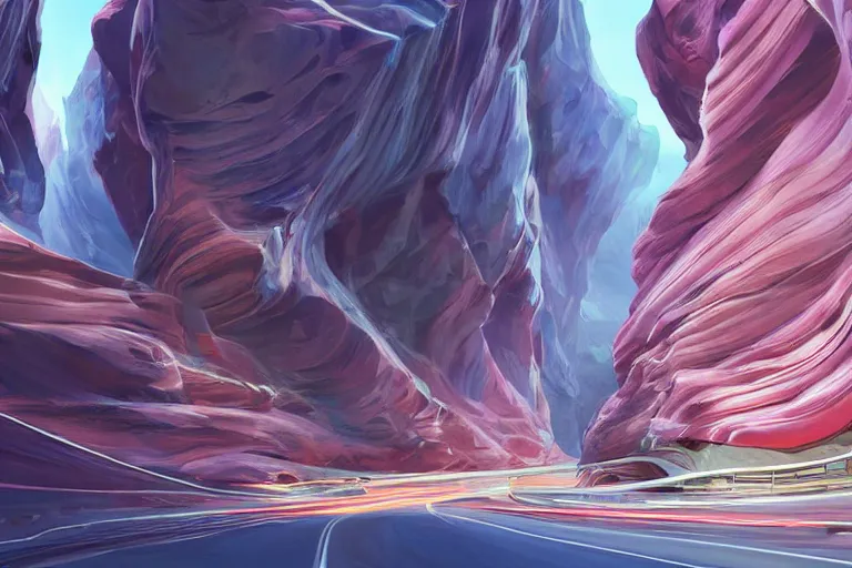 Image similar to futuristic tesla street with Singaporean lush onsen with royal white and pink and white and luxurious gold colors, advanced civilization, high-end onsen, at the Antelope canyon with rocks formed by water erosion, walls made of beautiful smooth sandstone light beams that shine, polish narrow slots of walls into a striated swirling finish, digital painting, concept art, smooth, sharp focus, from Star Trek 2021, illustration, by WLOP and Ruan Jia and Mandy Jurgens and William-Adolphe Bouguereau, Artgerm