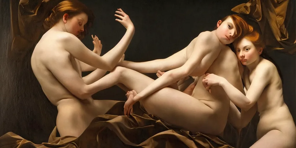 Image similar to beautiful oil matte portrait painting, multiple arms legs and torsos intertwined, wonderful masterpiece highly detailed, beautiful cinematic light deep focus, elegant, digital painting, smooth, sharp focus, golden ratio, dramatic illumination, ultra realistic, 8 k, art by artemisia lomi gentileschi and caravaggio