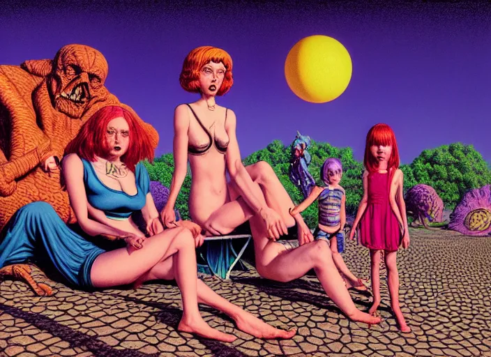 Image similar to photo of dadcore occult wizards and momcore witches on vacation, by richard corben by william eggleston, fujifilm velvia 5 0. masterpiece. intricate, hyper realism, high detail, octane render, unreal engine, 8 k, by katsuhiro otomo, full body character drawing, clean ink detailed line drawing, intricate detail, extremely detailed.