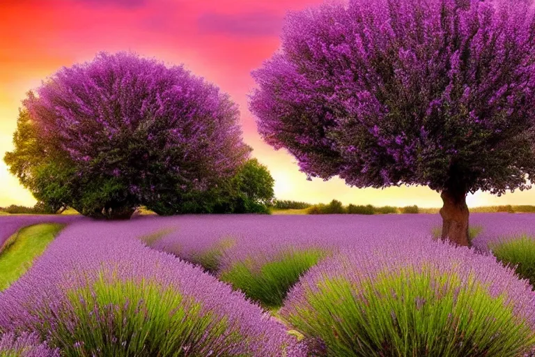 Prompt: beautiful scenery of a field of lavenders, one large tree, sunset, dramatic lighting