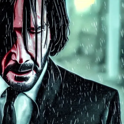 Image similar to john wick playing a guitar!!!, in the rain!!!, photorealistic!!!, realistic, dramatic, cinematic!!!, photography