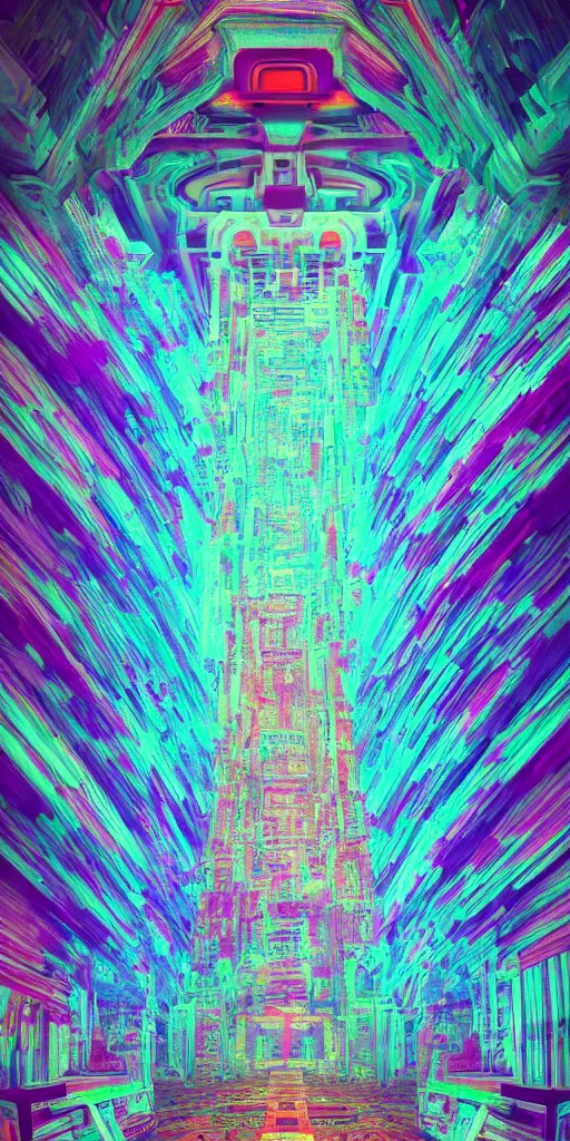 Prompt: impossible architecture, incredibly beautiful temple of the sun, inverted rainbow drip paint, surreal horror, psychedelic glitch art, trending on art station, photoreal, 8 k, octane render