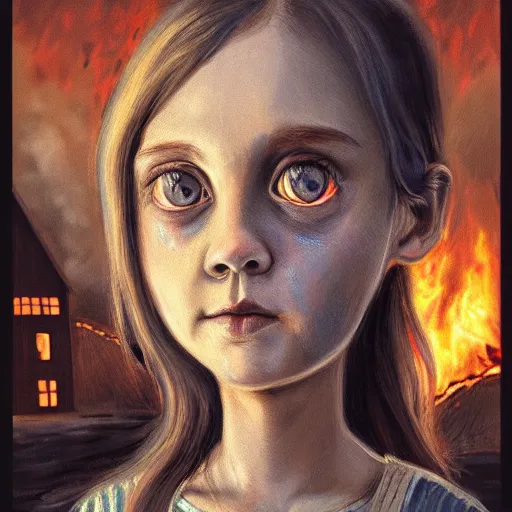 Image similar to detailed portrait of big - eyed nordic sweet little girl looking sad in front of burning house, artistic 4 k, trending on artstation, masterpiece