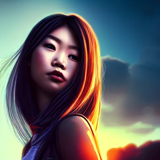 Image similar to a Photorealistic dramatic hyperrealistic bright eyes, Asian girl, beautiful hair, by Sam yang, samdoesart, Beautiful dynamic dramatic bright sunset lighting,shadows,cinematic atmosphere,Artstation,concept design art, digital painting, 8k