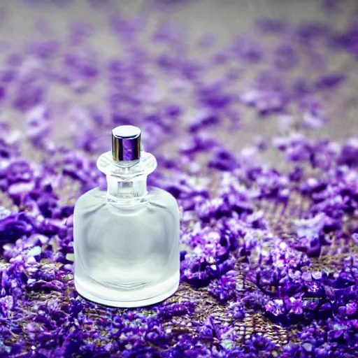 Image similar to perfume bottle surrounded by artistic, luscious blurred blue and lilac flowers, white background, simple path traced, environment, up close shot