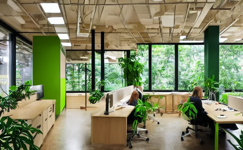 Prompt: jungle themed office space interior, multiple desks, minimalism, green, wood, japanese design, natural materials, beige, cupboards, large windows to a lush green courtyard with trees, retro futurism, swedish design, feng shui