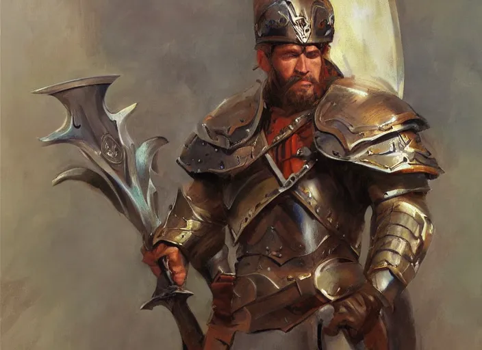 Image similar to a highly detailed beautiful portrait of a paladin with a shield and sword, by gregory manchess, james gurney, james jean